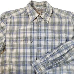 LL Bean Men's Traditonal Fit‎ Green Blue White Plaid Shirt Sz Medium Dress